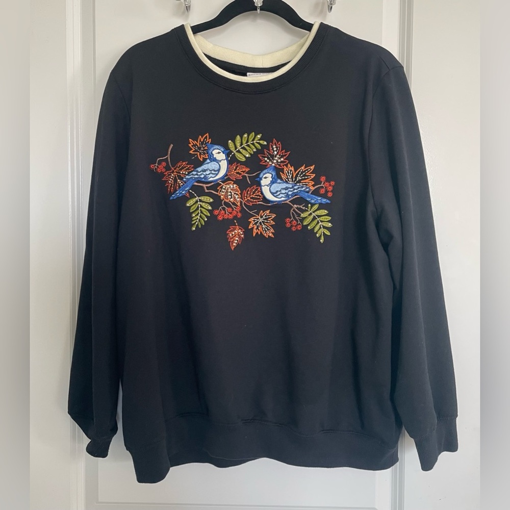 Alfred Dunner Bluejays Sweater Women 1X Birds Grandmacore Outdoors Black Cottage
